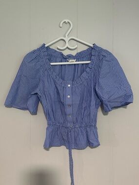 H&M Blue Pinstripe Puff Sleeve Peplum Blouse